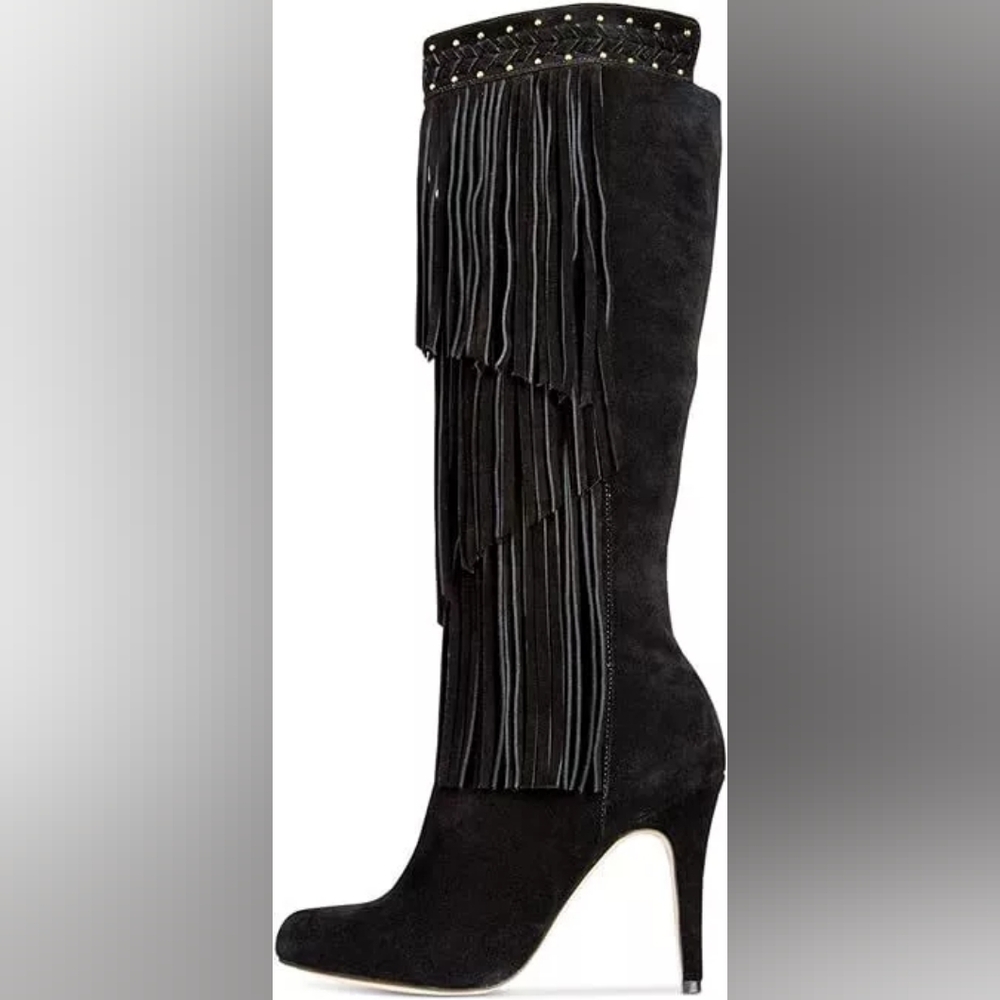 INC Black Suede Fringe High Heel Knee Boots. Size 7